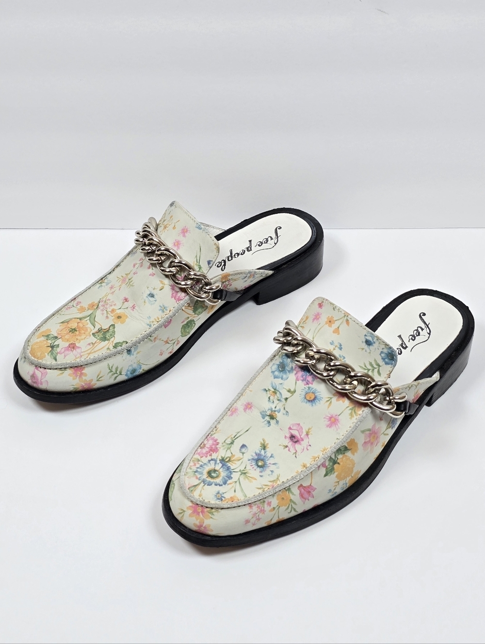 Free People Vida Ivory Floral Leather Chain Embellished Mules Loafers Multi Sz40 - Picture 4 of 14